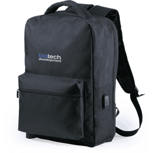A black backpack with a front pocket and adjustable straps, featuring a logo on the front.
