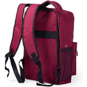 A burgundy backpack with padded shoulder straps and mesh side pocket, featuring a logo on one side.
