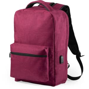 A burgundy backpack with a front pocket, adjustable straps, and a sleek design. It features a logo on the front.