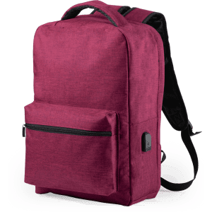 A burgundy backpack with a front pocket and adjustable straps, featuring a logo on the side.