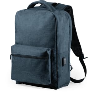A dark blue anti-theft backpack featuring a front pocket and a logo. Designed with shoulder straps and a top handle.