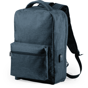 A dark grey backpack with a front pocket and padded shoulder straps, featuring a logo on the side.