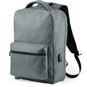 A grey anti-theft backpack featuring a front pocket and padded shoulder straps. It has a simple, modern design.