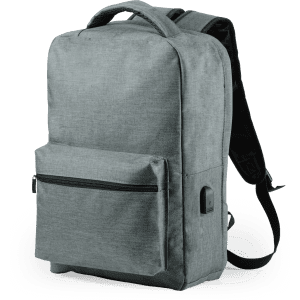 A grey anti-theft backpack featuring a front pocket and adjustable straps, designed for secure storage.