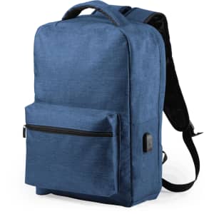 A blue anti-theft backpack featuring a front zip pocket and adjustable straps. It has a logo on the side.