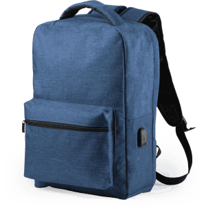 A blue backpack with a front pocket and adjustable straps, featuring a logo. Ideal for anti-theft purposes.