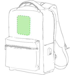 A grey backpack with a front pocket and a logo area highlighted in green on the front.