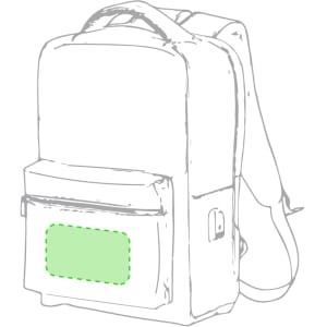 A grey backpack with a front pocket and a green patch, featuring a logo on the side.
