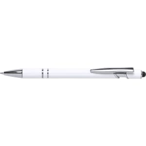 A white stylus touch ball pen with chrome accents and a logo on the side.