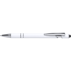 A white stylus touch ball pen with chrome accents and a clip, featuring a logo on the body.