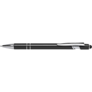 A black stylus touch ball pen featuring chrome accents and a sleek design. It includes a logo on the body.