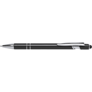 A sleek black stylus touch ball pen with silver accents and a clip. It features a logo on the barrel.