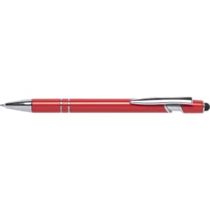 A red stylus touch ball pen with chrome accents and a clip, featuring a logo.