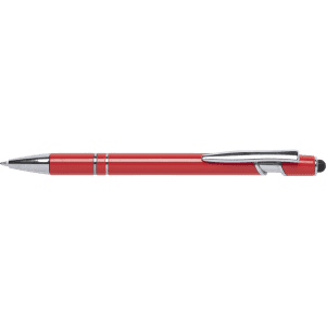 A red stylus touch ball pen with a chrome clip and accents, featuring a logo on its body.