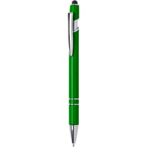 A green stylus touch ball pen with a shiny silver clip and details. It features a black stylus tip.