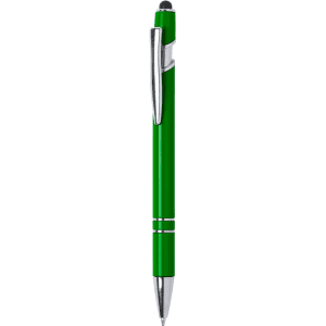 A green stylus touch ball pen with silver accents and a clip, featuring a logo on the body.