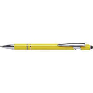 A yellow stylus touch ball pen with a chrome clip and accents, featuring a branding logo.