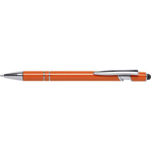 An orange stylus touch ball pen with chrome accents and a clip. It features a logo on the barrel.