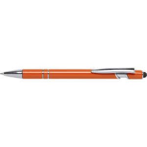 An orange ballpoint pen with a stylus tip and silver accents, featuring a branding logo.