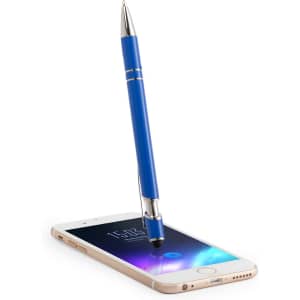 A blue stylus touch ball pen resting on a smartphone screen. The pen features a shiny finish and has a branding logo.