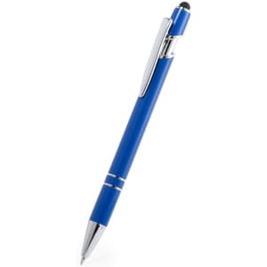 A blue stylus touch ball pen with chrome accents and a clip. It features a touch-sensitive tip for screens.