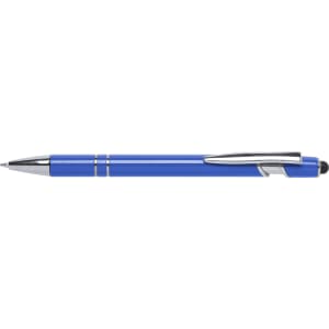 A blue stylus touch ball pen with chrome accents and a clip. It features a sleek, modern design.
