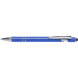 A blue stylus touch ball pen with a chrome clip and accents, featuring a sleek design and a logo.