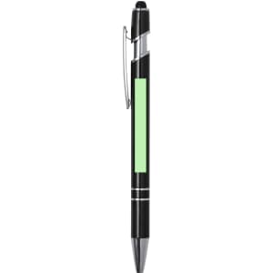 A black ballpoint pen with a stylus tip and a green section, featuring a clip and branding.