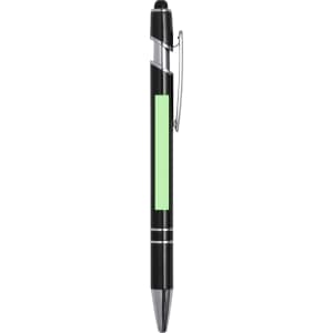 A black stylus ball pen with a green accent and a metal clip, featuring a logo on the barrel.