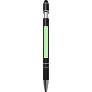 A black stylus touch ball pen with a green section and a decorative silver band. It includes a branding logo.