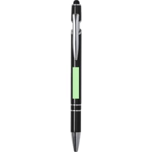 A black stylus touch ball pen with a green accent and a silver clip, featuring a logo.
