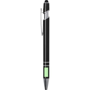 A black stylus touch ball pen with a silver clip and a green section on the body, featuring branding.