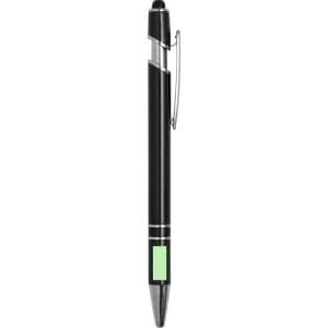 A black ballpoint pen with a stylus tip and a green accent, featuring a clip and a logo.