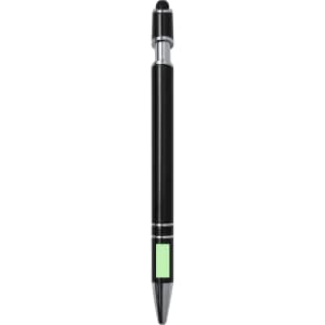 A black stylus touch ball pen featuring a silver accent and a green section. The pen has a logo.
