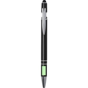 A black ballpoint pen with a stylus tip and a green section, featuring a silver clip and accents.