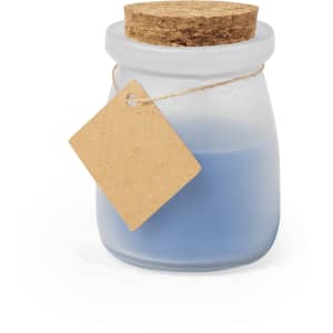 A frosted glass jar candle with a cork lid, featuring a blue candle and a tag attached with twine.