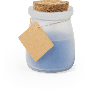 A blue aromatic candle in a glass jar with a cork lid and a tag attached.