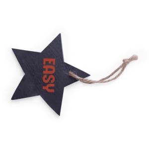A dark blue star-shaped decoration with a jute twine hanger, featuring the word "EASY" in red.