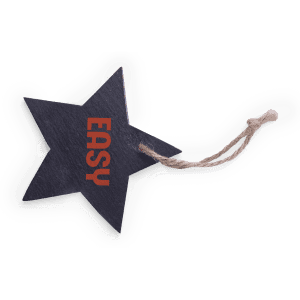 A star-shaped tag in navy blue with the word "EASY" printed in red, attached to a twine string.