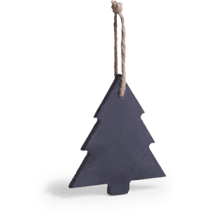 A dark blue wooden Christmas tree decoration with a jute string for hanging.