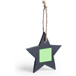 A black star-shaped decoration with a green square in the centre, hanging by a twine loop.