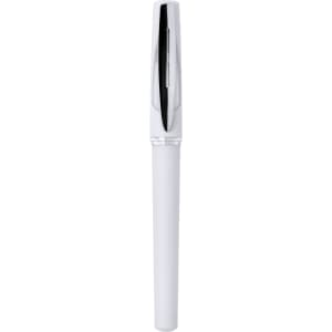 A white pen with a black clip and tip, featuring a streamlined design and a logo on its surface.