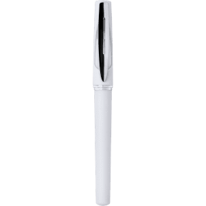 A white pen with a sleek design and a silver clip stands upright, featuring a logo on its body.