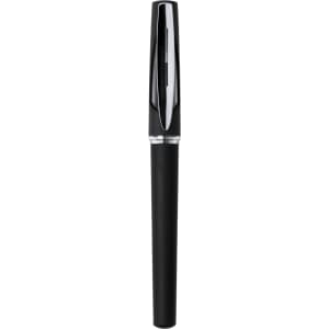 A sleek black pen with a glossy finish and chrome accents, featuring a clip and a streamlined design.