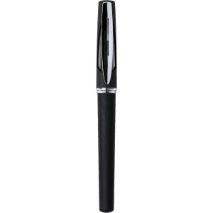 A black rollerball pen with a shiny silver clip and accents, featuring a sleek design and a branding logo.