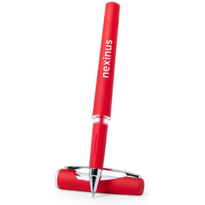 A red pen is displayed, featuring a shiny silver clip and a branding logo on the barrel. The pen is positioned upright with its cap off.