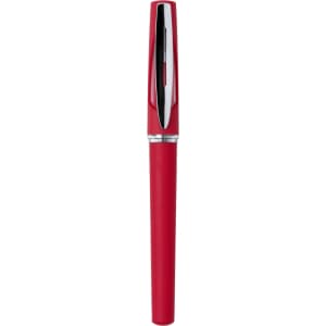 A red pen with a sleek design and a silver clip, featuring a brand logo on its body.