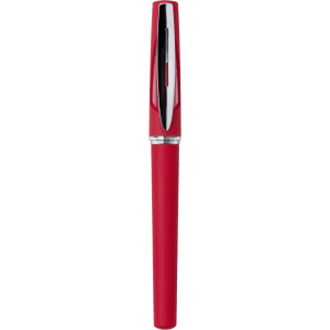 A red pen with a shiny silver clip and details, featuring a sleek design and a branding logo.