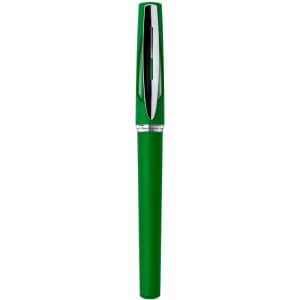 A green pen with a glossy finish and a silver clip. The pen has a sleek, modern design and a cap.