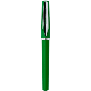 A green pen with a shiny silver clip, featuring a sleek and streamlined design. It has a logo on the body.